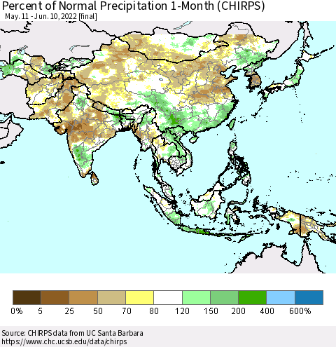 Asia Percent of Normal Precipitation 1-Month (CHIRPS) Thematic Map For 5/11/2022 - 6/10/2022