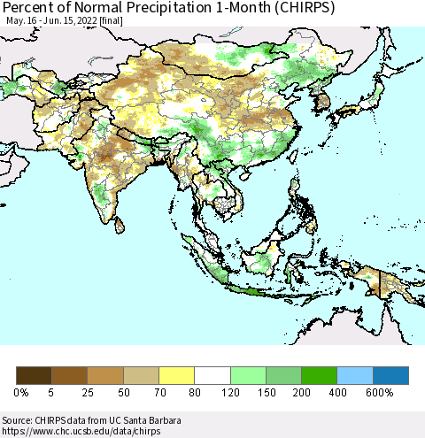 Asia Percent of Normal Precipitation 1-Month (CHIRPS) Thematic Map For 5/16/2022 - 6/15/2022
