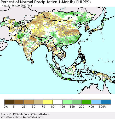 Asia Percent of Normal Precipitation 1-Month (CHIRPS) Thematic Map For 5/21/2022 - 6/20/2022