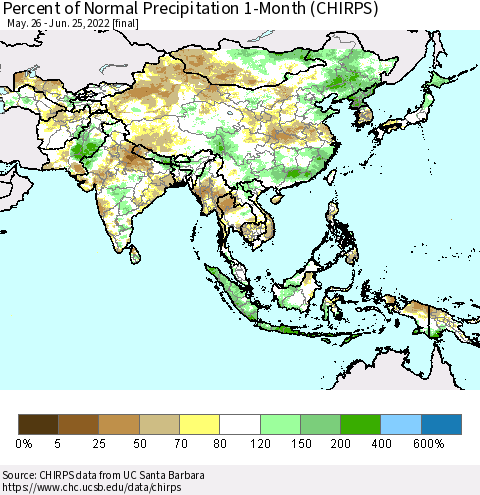 Asia Percent of Normal Precipitation 1-Month (CHIRPS) Thematic Map For 5/26/2022 - 6/25/2022