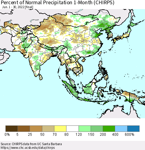 Asia Percent of Normal Precipitation 1-Month (CHIRPS) Thematic Map For 6/1/2022 - 6/30/2022