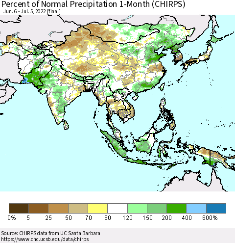 Asia Percent of Normal Precipitation 1-Month (CHIRPS) Thematic Map For 6/6/2022 - 7/5/2022