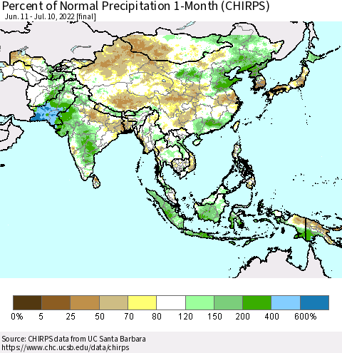 Asia Percent of Normal Precipitation 1-Month (CHIRPS) Thematic Map For 6/11/2022 - 7/10/2022