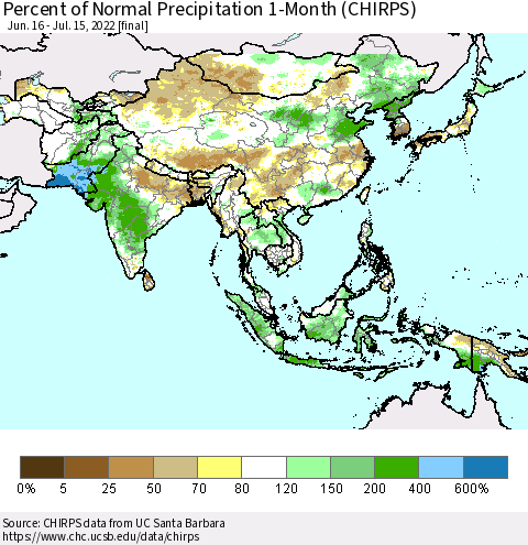 Asia Percent of Normal Precipitation 1-Month (CHIRPS) Thematic Map For 6/16/2022 - 7/15/2022