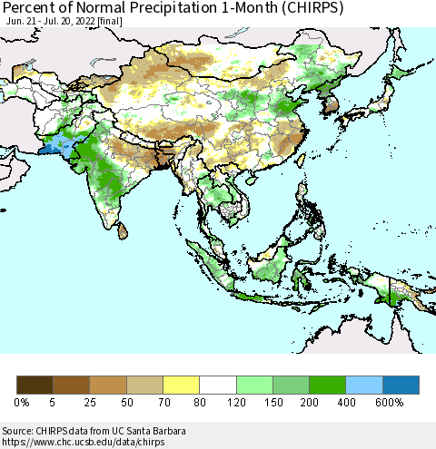 Asia Percent of Normal Precipitation 1-Month (CHIRPS) Thematic Map For 6/21/2022 - 7/20/2022