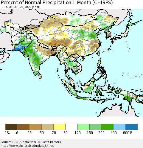 Asia Percent of Normal Precipitation 1-Month (CHIRPS) Thematic Map For 6/26/2022 - 7/25/2022