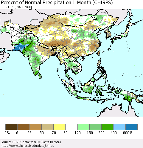 Asia Percent of Normal Precipitation 1-Month (CHIRPS) Thematic Map For 7/1/2022 - 7/31/2022