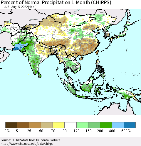 Asia Percent of Normal Precipitation 1-Month (CHIRPS) Thematic Map For 7/6/2022 - 8/5/2022