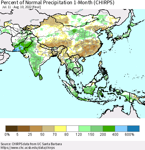 Asia Percent of Normal Precipitation 1-Month (CHIRPS) Thematic Map For 7/11/2022 - 8/10/2022