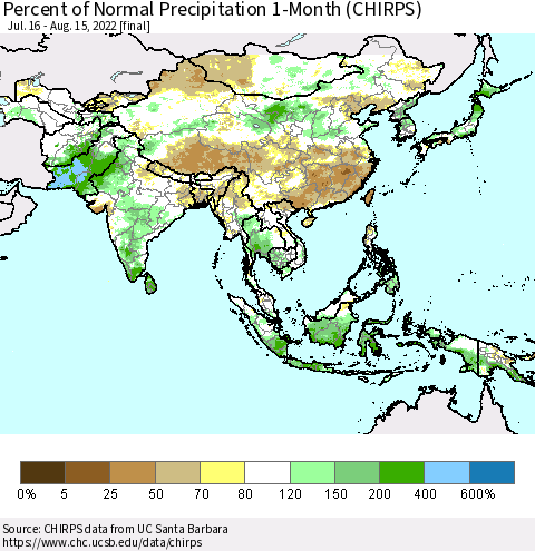 Asia Percent of Normal Precipitation 1-Month (CHIRPS) Thematic Map For 7/16/2022 - 8/15/2022