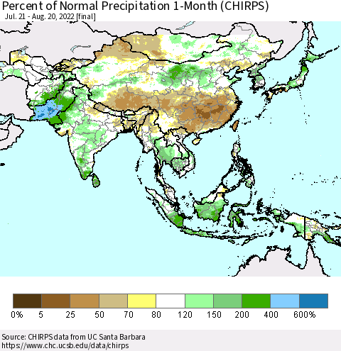 Asia Percent of Normal Precipitation 1-Month (CHIRPS) Thematic Map For 7/21/2022 - 8/20/2022