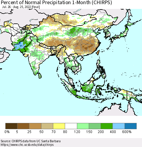 Asia Percent of Normal Precipitation 1-Month (CHIRPS) Thematic Map For 7/26/2022 - 8/25/2022