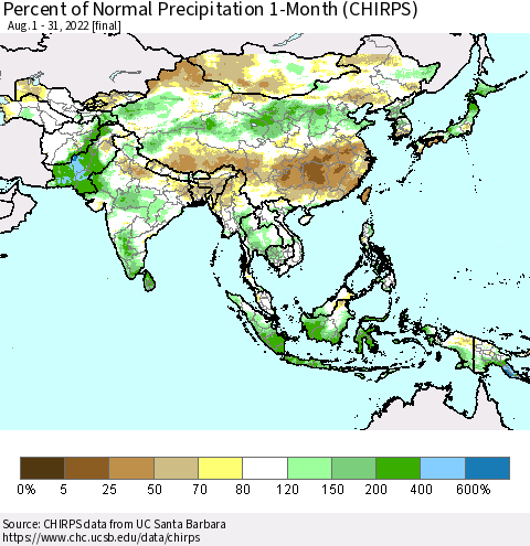 Asia Percent of Normal Precipitation 1-Month (CHIRPS) Thematic Map For 8/1/2022 - 8/31/2022