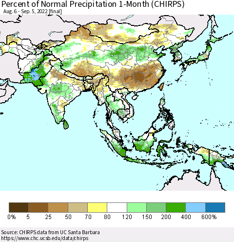 Asia Percent of Normal Precipitation 1-Month (CHIRPS) Thematic Map For 8/6/2022 - 9/5/2022