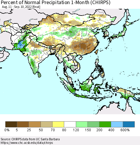 Asia Percent of Normal Precipitation 1-Month (CHIRPS) Thematic Map For 8/11/2022 - 9/10/2022