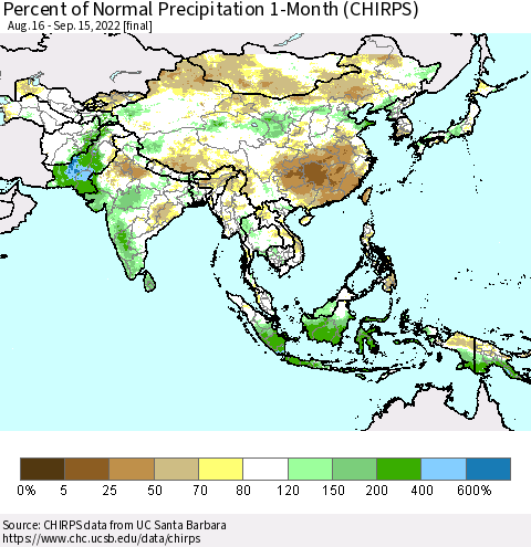 Asia Percent of Normal Precipitation 1-Month (CHIRPS) Thematic Map For 8/16/2022 - 9/15/2022