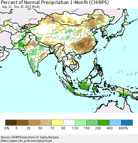 Asia Percent of Normal Precipitation 1-Month (CHIRPS) Thematic Map For 8/21/2022 - 9/20/2022
