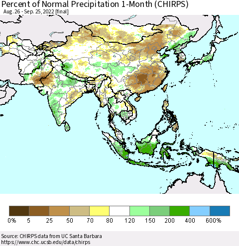 Asia Percent of Normal Precipitation 1-Month (CHIRPS) Thematic Map For 8/26/2022 - 9/25/2022