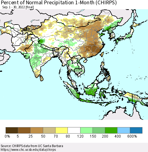 Asia Percent of Normal Precipitation 1-Month (CHIRPS) Thematic Map For 9/1/2022 - 9/30/2022