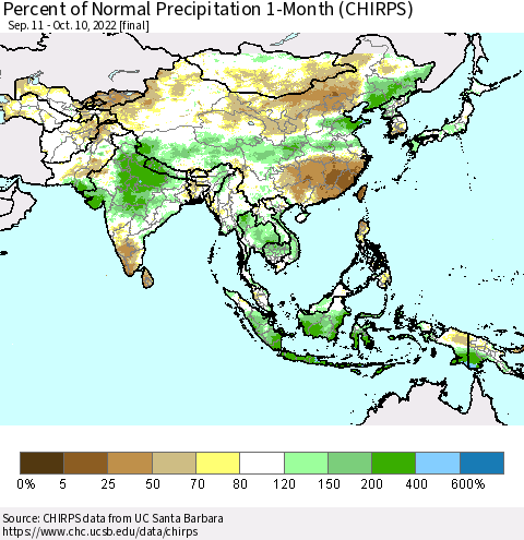 Asia Percent of Normal Precipitation 1-Month (CHIRPS) Thematic Map For 9/11/2022 - 10/10/2022