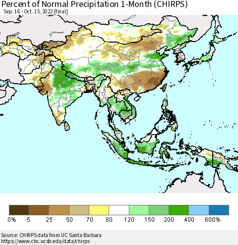 Asia Percent of Normal Precipitation 1-Month (CHIRPS) Thematic Map For 9/16/2022 - 10/15/2022