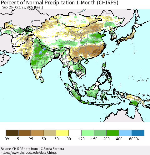 Asia Percent of Normal Precipitation 1-Month (CHIRPS) Thematic Map For 9/26/2022 - 10/25/2022