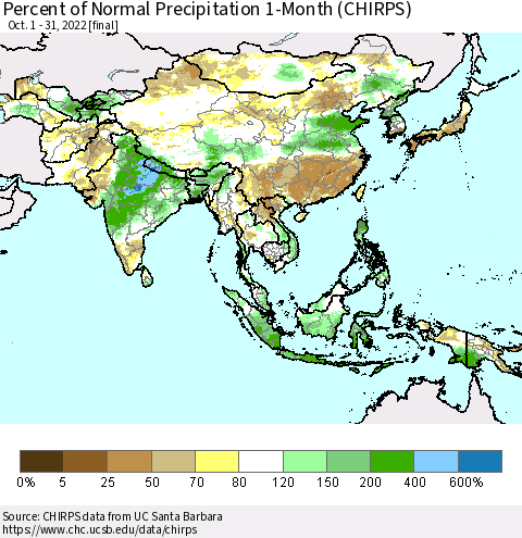 Asia Percent of Normal Precipitation 1-Month (CHIRPS) Thematic Map For 10/1/2022 - 10/31/2022