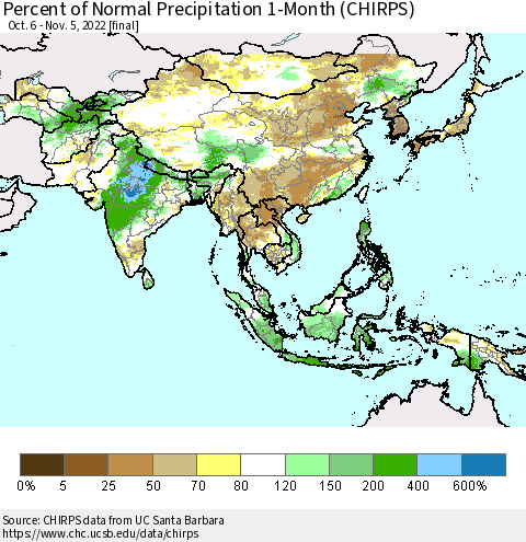 Asia Percent of Normal Precipitation 1-Month (CHIRPS) Thematic Map For 10/6/2022 - 11/5/2022