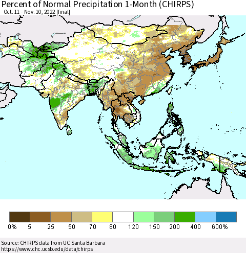 Asia Percent of Normal Precipitation 1-Month (CHIRPS) Thematic Map For 10/11/2022 - 11/10/2022