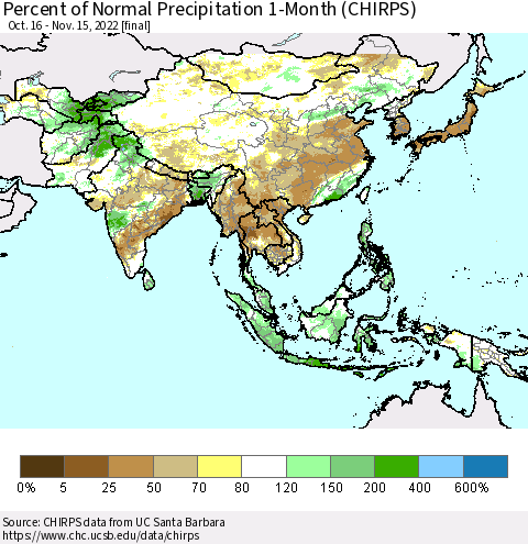 Asia Percent of Normal Precipitation 1-Month (CHIRPS) Thematic Map For 10/16/2022 - 11/15/2022