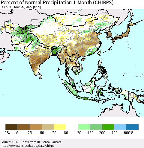 Asia Percent of Normal Precipitation 1-Month (CHIRPS) Thematic Map For 10/21/2022 - 11/20/2022