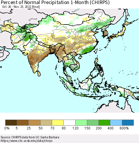 Asia Percent of Normal Precipitation 1-Month (CHIRPS) Thematic Map For 10/26/2022 - 11/25/2022