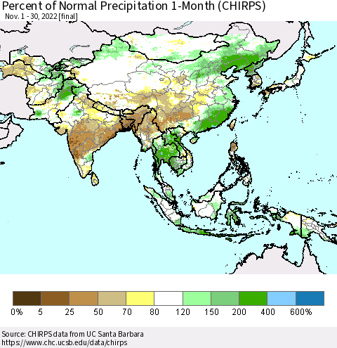Asia Percent of Normal Precipitation 1-Month (CHIRPS) Thematic Map For 11/1/2022 - 11/30/2022