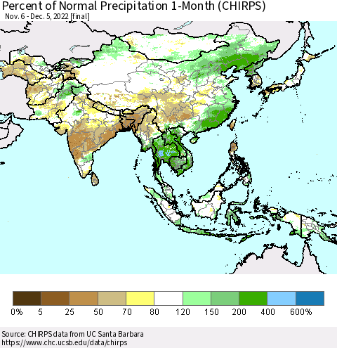 Asia Percent of Normal Precipitation 1-Month (CHIRPS) Thematic Map For 11/6/2022 - 12/5/2022