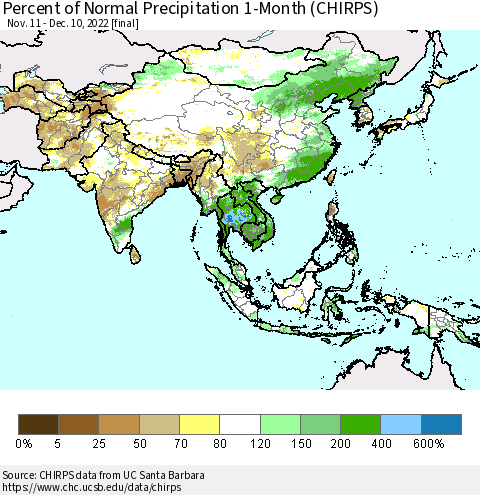 Asia Percent of Normal Precipitation 1-Month (CHIRPS) Thematic Map For 11/11/2022 - 12/10/2022
