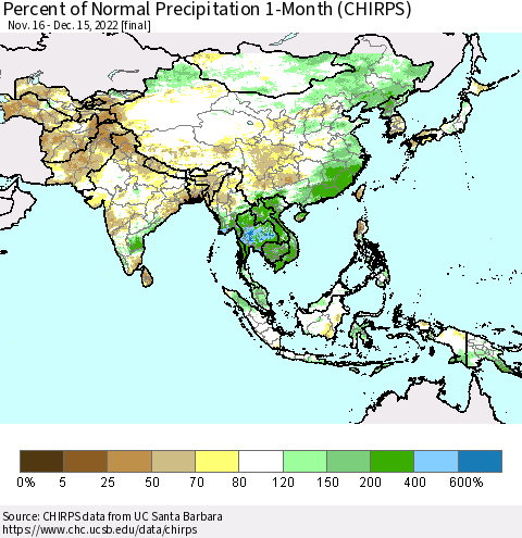 Asia Percent of Normal Precipitation 1-Month (CHIRPS) Thematic Map For 11/16/2022 - 12/15/2022
