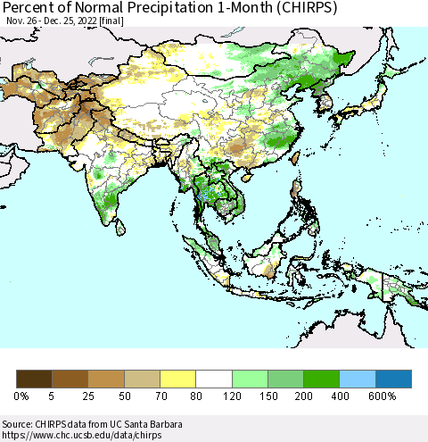 Asia Percent of Normal Precipitation 1-Month (CHIRPS) Thematic Map For 11/26/2022 - 12/25/2022