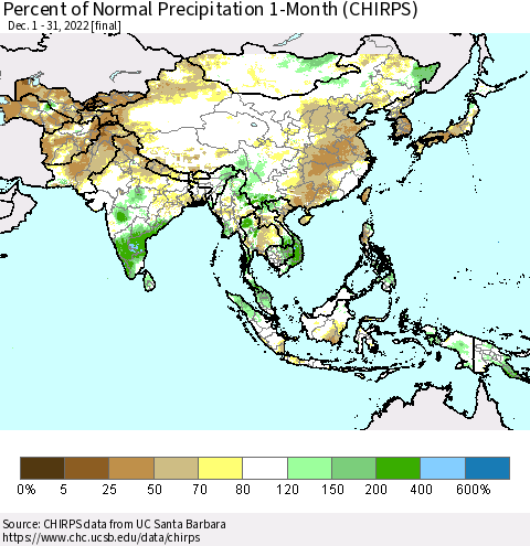 Asia Percent of Normal Precipitation 1-Month (CHIRPS) Thematic Map For 12/1/2022 - 12/31/2022