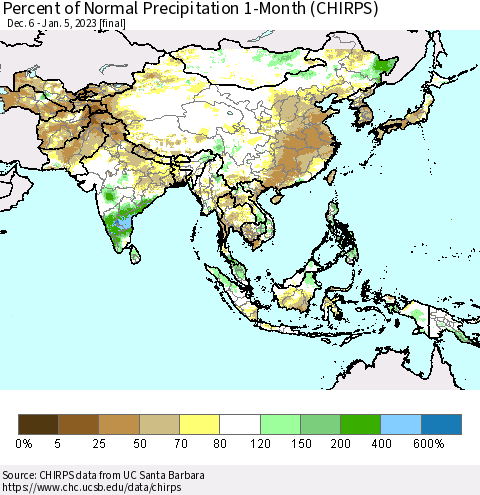 Asia Percent of Normal Precipitation 1-Month (CHIRPS) Thematic Map For 12/6/2022 - 1/5/2023