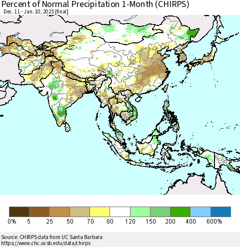 Asia Percent of Normal Precipitation 1-Month (CHIRPS) Thematic Map For 12/11/2022 - 1/10/2023