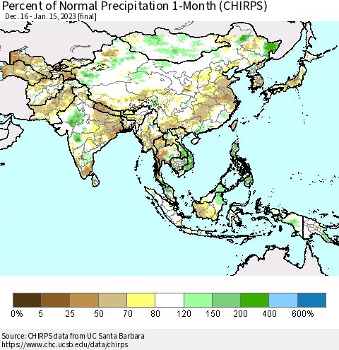 Asia Percent of Normal Precipitation 1-Month (CHIRPS) Thematic Map For 12/16/2022 - 1/15/2023