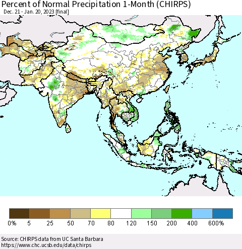 Asia Percent of Normal Precipitation 1-Month (CHIRPS) Thematic Map For 12/21/2022 - 1/20/2023