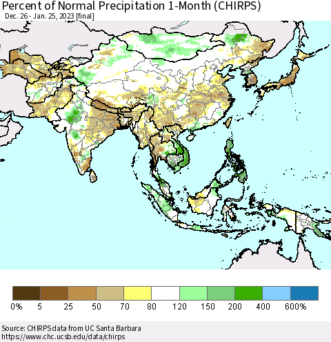 Asia Percent of Normal Precipitation 1-Month (CHIRPS) Thematic Map For 12/26/2022 - 1/25/2023