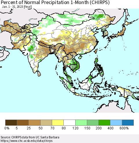 Asia Percent of Normal Precipitation 1-Month (CHIRPS) Thematic Map For 1/1/2023 - 1/31/2023
