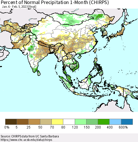 Asia Percent of Normal Precipitation 1-Month (CHIRPS) Thematic Map For 1/6/2023 - 2/5/2023