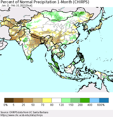 Asia Percent of Normal Precipitation 1-Month (CHIRPS) Thematic Map For 1/11/2023 - 2/10/2023