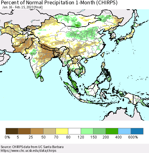 Asia Percent of Normal Precipitation 1-Month (CHIRPS) Thematic Map For 1/16/2023 - 2/15/2023