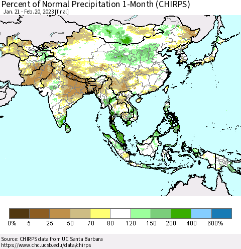 Asia Percent of Normal Precipitation 1-Month (CHIRPS) Thematic Map For 1/21/2023 - 2/20/2023