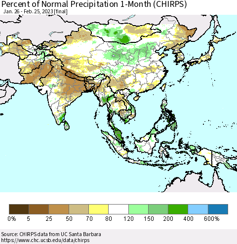 Asia Percent of Normal Precipitation 1-Month (CHIRPS) Thematic Map For 1/26/2023 - 2/25/2023