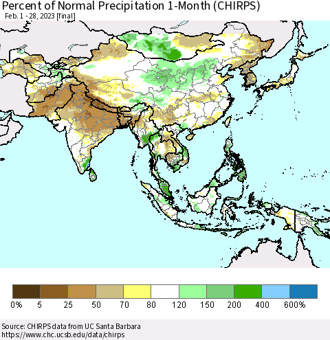 Asia Percent of Normal Precipitation 1-Month (CHIRPS) Thematic Map For 2/1/2023 - 2/28/2023